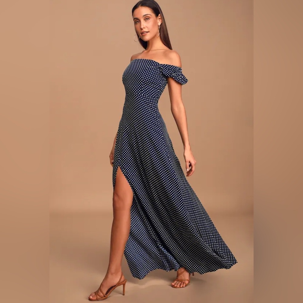 Lulus Dream Love Navy Blue Polka Dot Off-the-Shoulder Maxi Dress, Size XS